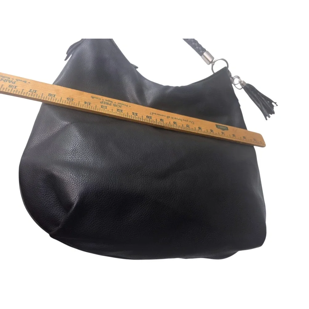 NINE WEST Pebbled Faux Leather Slouchy Hobo Bag Braided Handle Tassel Accent